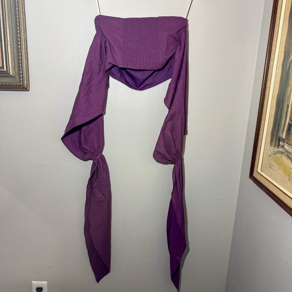 Commense Purple Linen Blend Smocked Strapless Tie Front Bandeau Crop Top - Picture 7 of 7